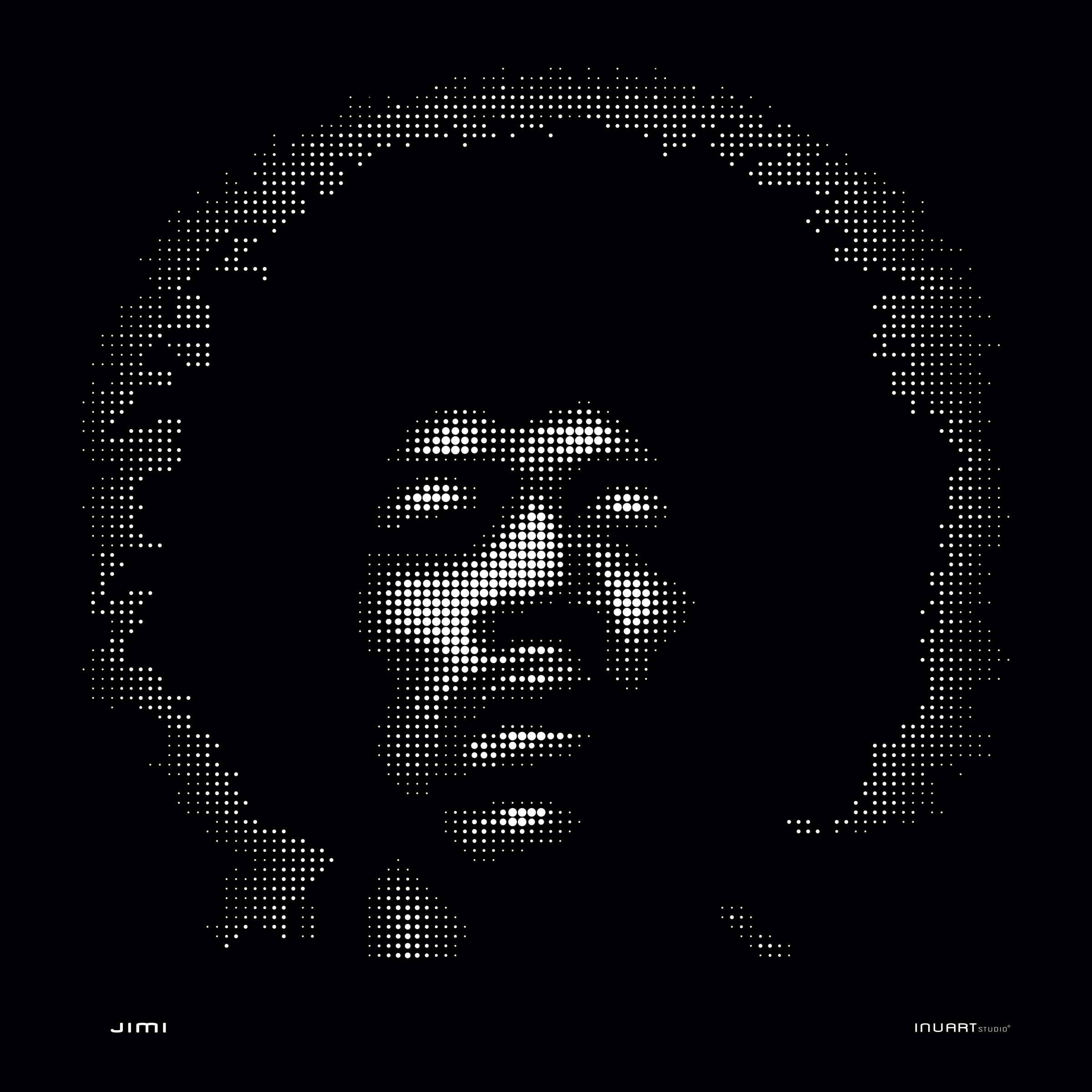 Jimi Hendrix karşıdan bakan siyah beyaz polka dots portresi